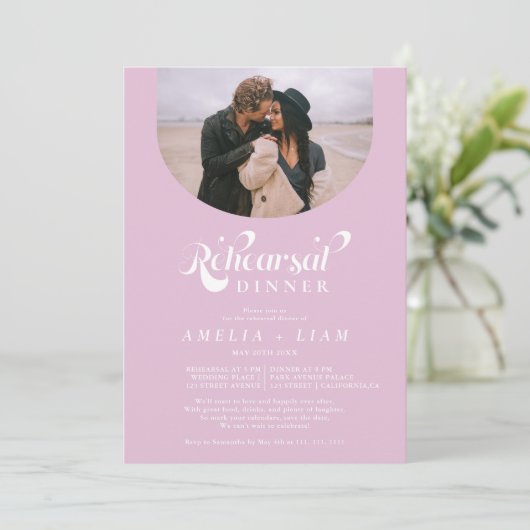 Retro-Script-Foto lilac rosa Probe Dinner Einladung (Stehend Vorderseite)