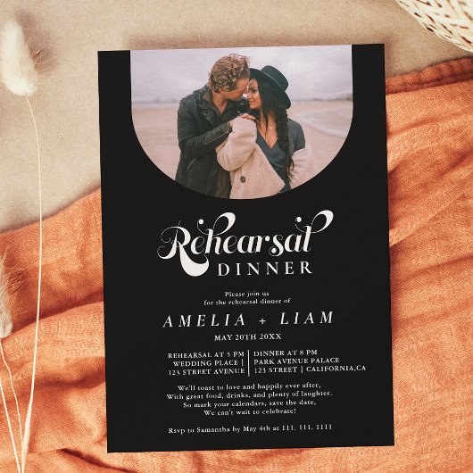 Retro-Script-Foto Schwarz-Probe-Dinner Einladung