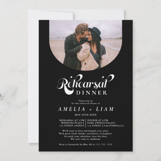 Retro-Script-Foto Schwarz-Probe-Dinner Einladung (Vorderseite)