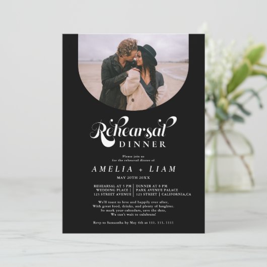 Retro-Script-Foto Schwarz-Probe-Dinner Einladung (Stehend Vorderseite)