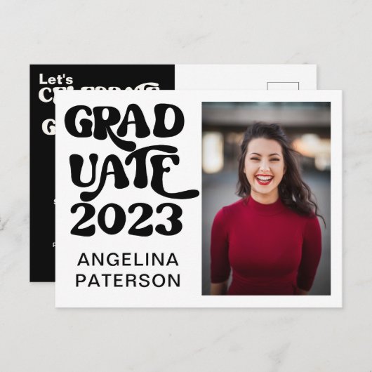 Retro-Script-Foto Schwarz & Weiß-Party Einladungspostkarte (Vorne/Hinten)