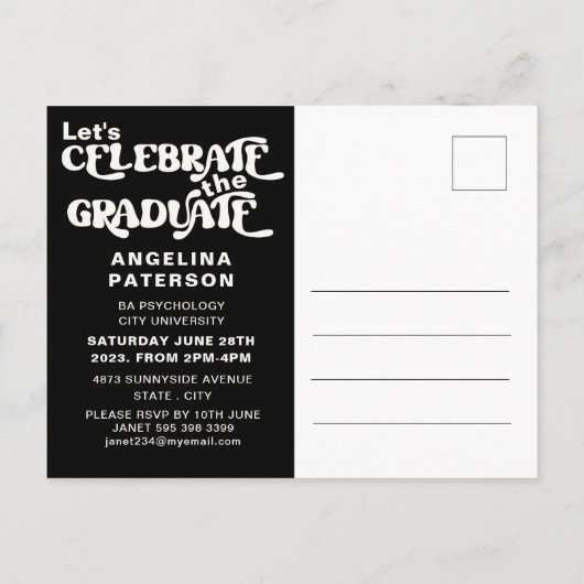 Retro-Script-Foto Schwarz & Weiß-Party Einladungspostkarte (Rückseite)