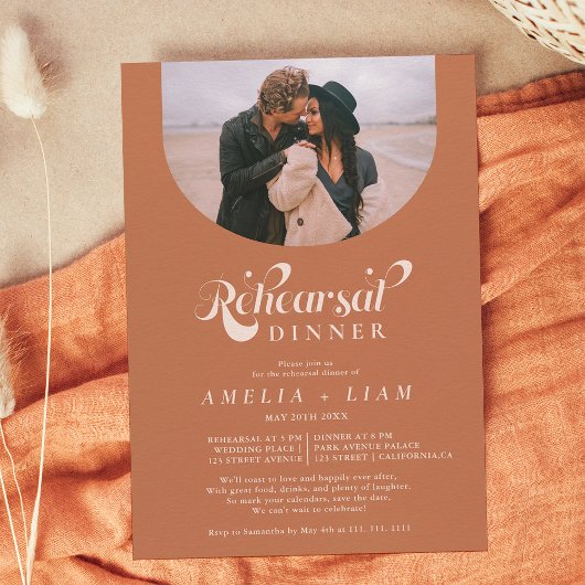 Retro-Script-Foto Terracotta Probe Dinner Einladung