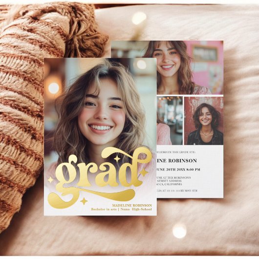 Retro Script gold White 4 Foto Abschluss Folieneinladung