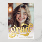 Retro Script gold White 4 Foto Abschluss Folieneinladung (Vorderseite)