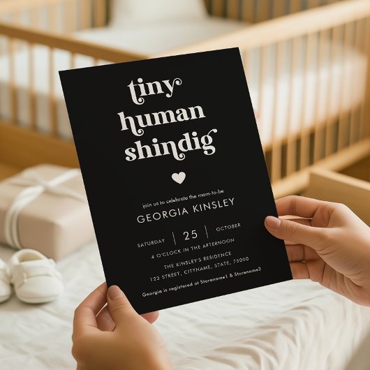 Retro Script Heart Tiny Human Shindig Baby Dusche Einladung