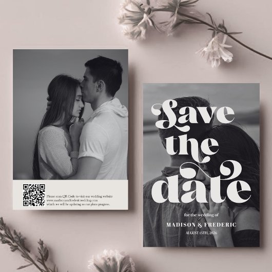 Retro-Script-Hochzeits-QR-Code Schwarz und Weiß Save The Date