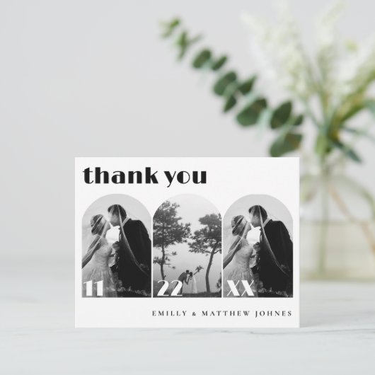 Retro Script Modern Arch 3 Foto Wedding Vielen Dan Postkarte (Stehend Vorderseite)