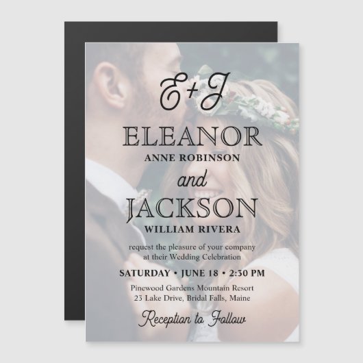 Retro Script Monogram Elegant Foto Hochzeit Magneteinladung (Vorne/Hinten)