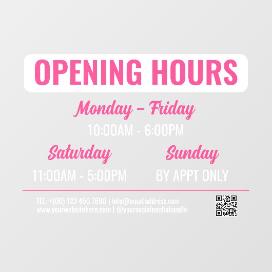 Retro-Script QR Code Öffnungszeiten pink & weiß Fensteraufkleber (Blatt)