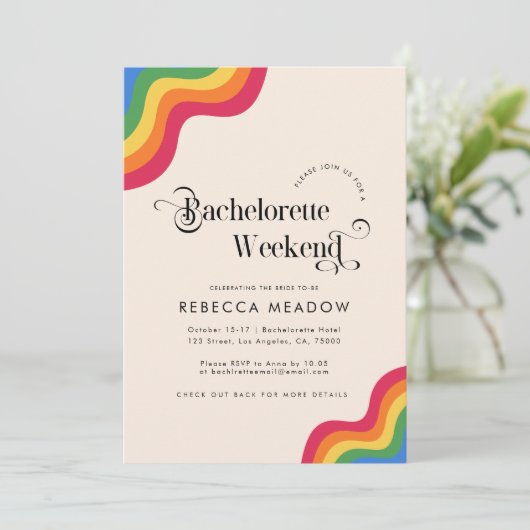 Retro Script & Rainbow Farbiger Junggeselinnen-Abs Einladung (Stehend Vorderseite)