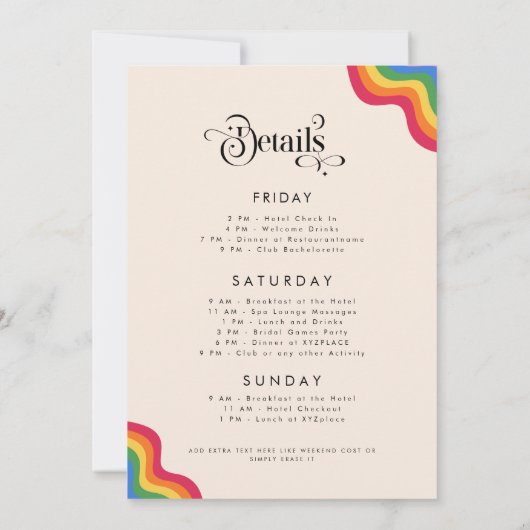 Retro Script & Rainbow Farbiger Junggeselinnen-Abs Einladung (Rückseite)