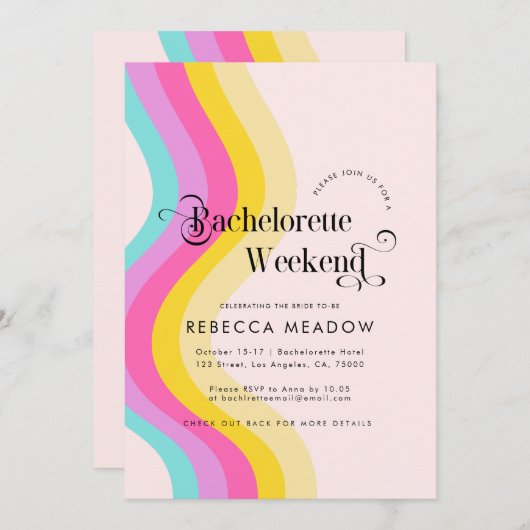 Retro Script Rainbow Farbiger Junggeselinnen-Absch Einladung (Vorne/Hinten)