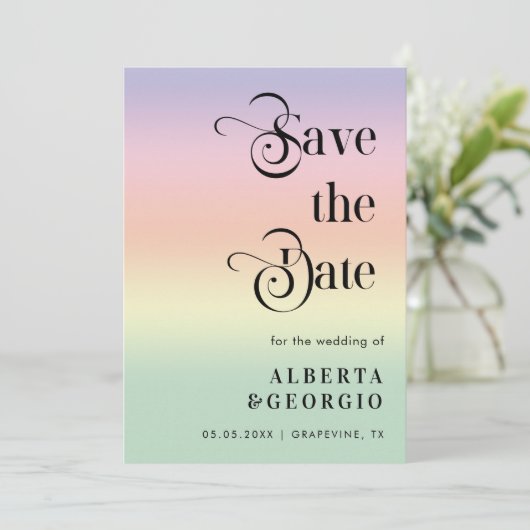 Retro Script Rainbow LGBTQ Foto Gay Pride Hochzeit Save The Date (Stehend Vorderseite)