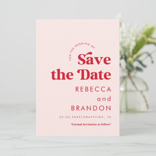Retro Script Red & Pink Typografy Simple Wedding Save The Date (Stehend Vorderseite)
