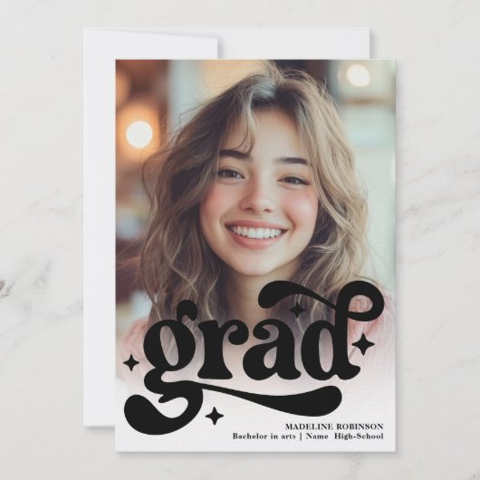 Retro Script Schwarz-weiß 4 Foto Abschluss Einladung (Vorderseite)