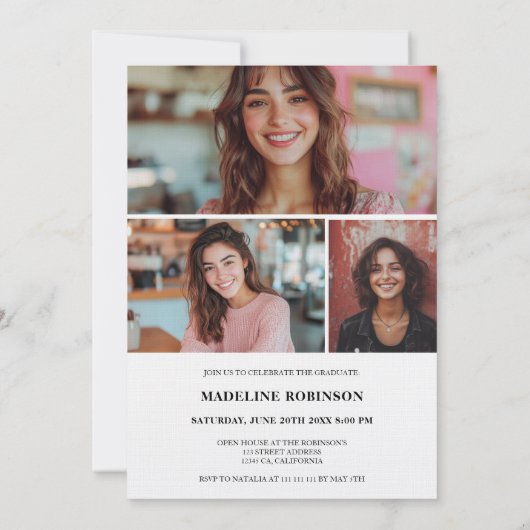 Retro Script Schwarz-weiß 4 Foto Abschluss Einladung (Rückseite)