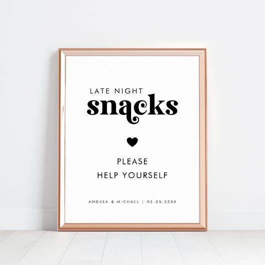 Retro Script Spate Night Snacks Heart Wedding Sign Poster