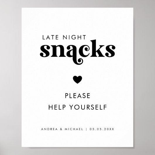 Retro Script Spate Night Snacks Heart Wedding Sign Poster (Vorne)