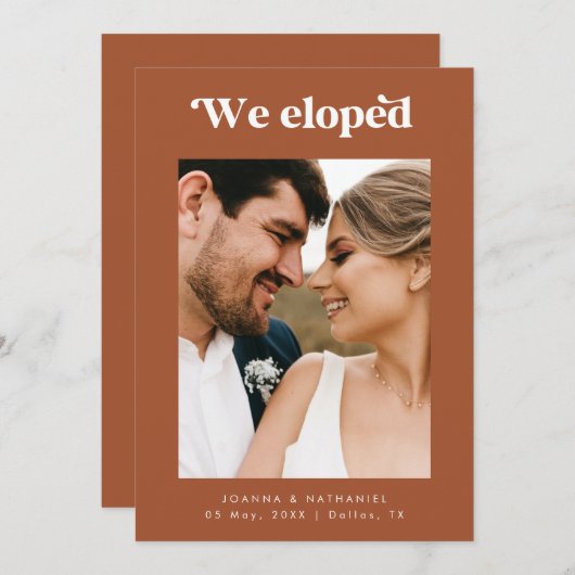 Retro Script Terracotta Elopement Ankündigung (Vorne/Hinten)
