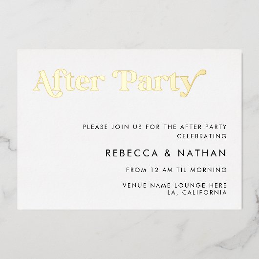 Retro Script Typografy Wedding After Party Real Folieneinladung (Vorderseite)
