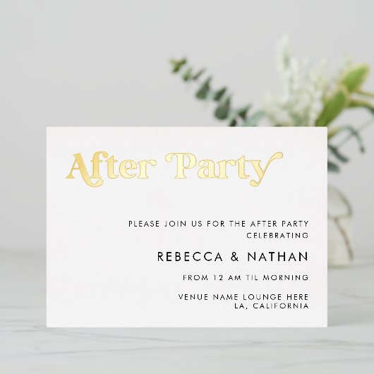 Retro Script Typografy Wedding After Party Real Folieneinladung (Stehend vorne)