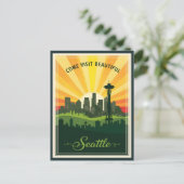 Retro Seattle Skyline mit Weltraumnadel bei Sonnen Postkarte (Stehend Vorderseite)
