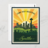 Retro Seattle Skyline mit Weltraumnadel bei Sonnen Postkarte (Vorne/Hinten)