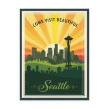 Retro Seattle Skyline mit Weltraumnadel bei Sonnen