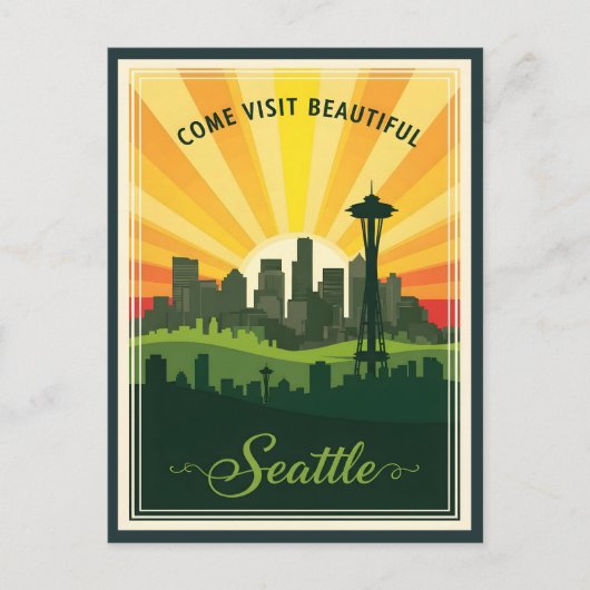 Retro Seattle Skyline mit Weltraumnadel bei Sonnen Postkarte (Vorderseite)