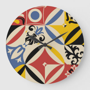 Retro-Sechziger-Jahre-Azulejos-Geometrisches-Muste Große Wanduhr