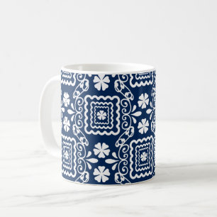 Retro-Sechzigerjahre weiß-blaues Blumenmuster Kaffeetasse