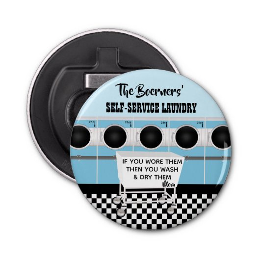 Retro-Selbstbedienungswäscherei, die sie die Arbei Flaschenöffner (Vorderseite)