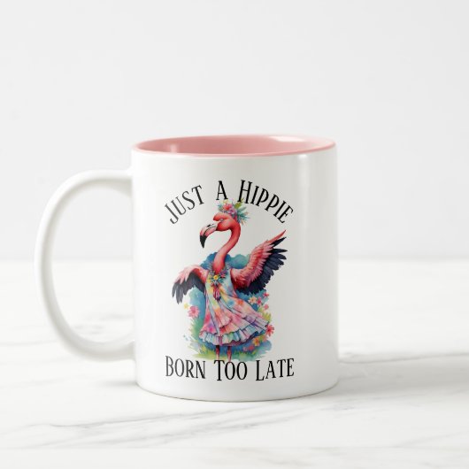 Retro Seventies Hippie Blume Kind Funny Flamingo Zweifarbige Tasse (Links)