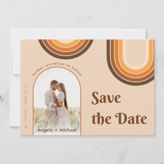 Retro Seventies Rainbow Boho Arch Foto Beige 70er Save The Date (Vorderseite)