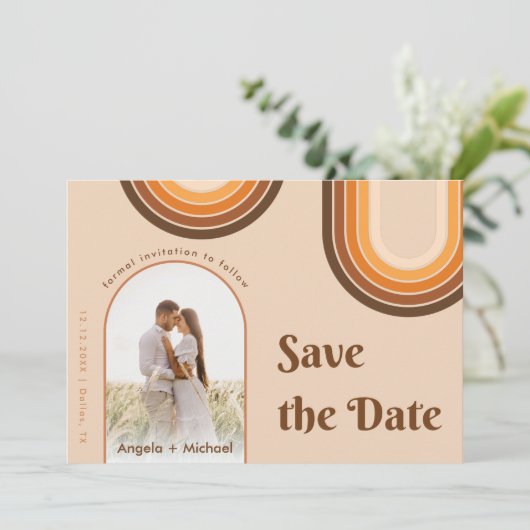 Retro Seventies Rainbow Boho Arch Foto Beige 70er Save The Date (Stehend Vorderseite)