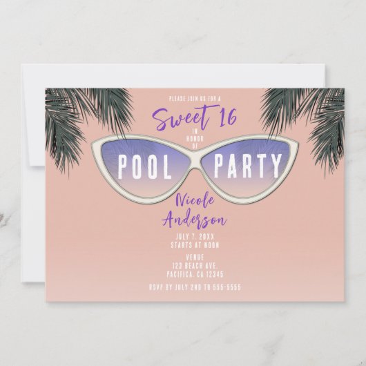 Retro Shades Sonnenbrille Sweet 16 Pool Party Einladung (Vorderseite)