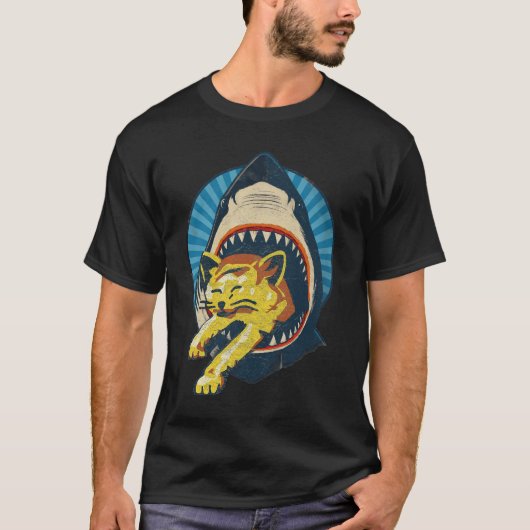 Retro Shark Eating Cat Ocean Predator Attack Anima T-Shirt (Vorderseite)