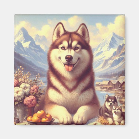 Retro Siberian Husky Gemälde Magnet (Vorne)