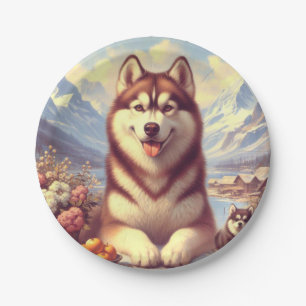Retro Siberian Husky Gemälde Pappteller