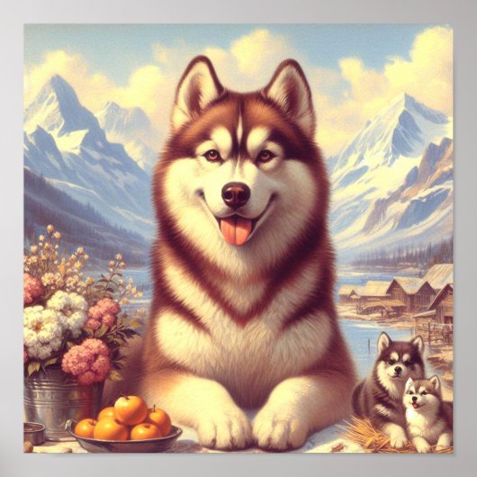 Retro Siberian Husky Gemälde Poster (Vorne)
