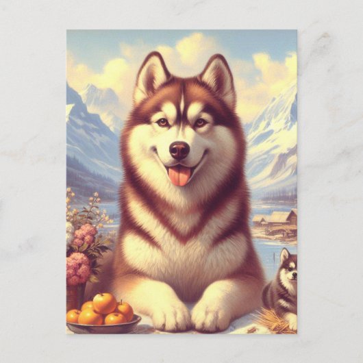 Retro Siberian Husky Gemälde Postkarte (Vorderseite)