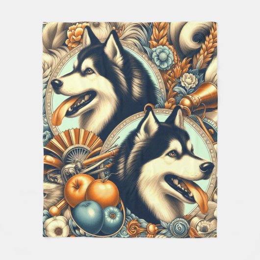 Retro Siberian Husky Illustration Fleecedecke (Vorderseite)