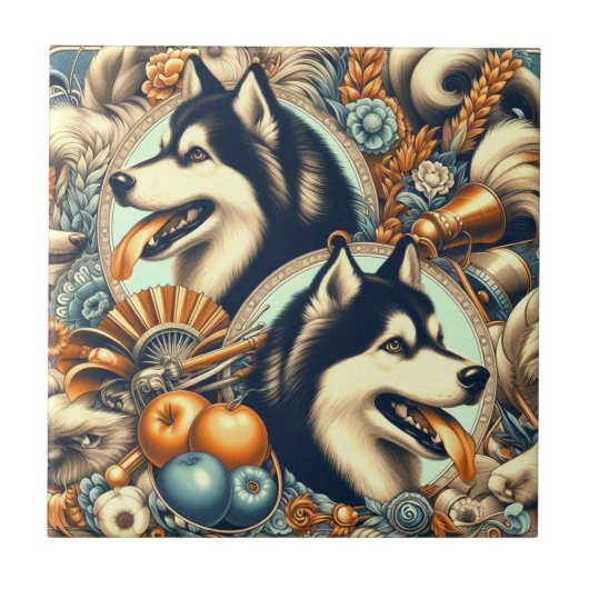 Retro Siberian Husky Illustration Fliese (Vorderseite)