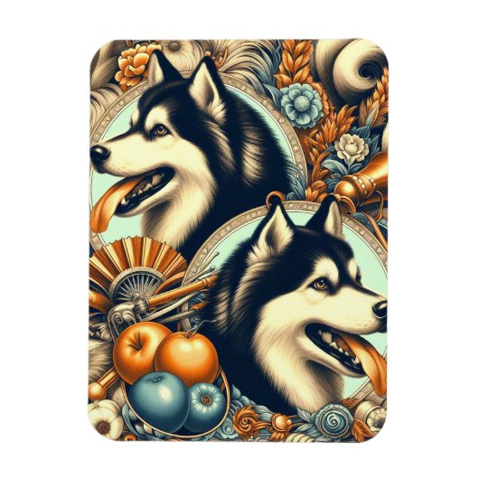Retro Siberian Husky Illustration Magnet (Vertikal)