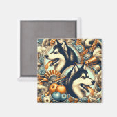 Retro Siberian Husky Illustration Magnet (Vorderseite/Rückseite)