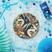 Retro Siberian Husky Illustration Pappteller (Party)