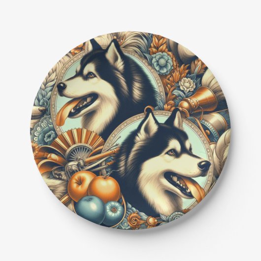 Retro Siberian Husky Illustration Pappteller (Vorderseite)