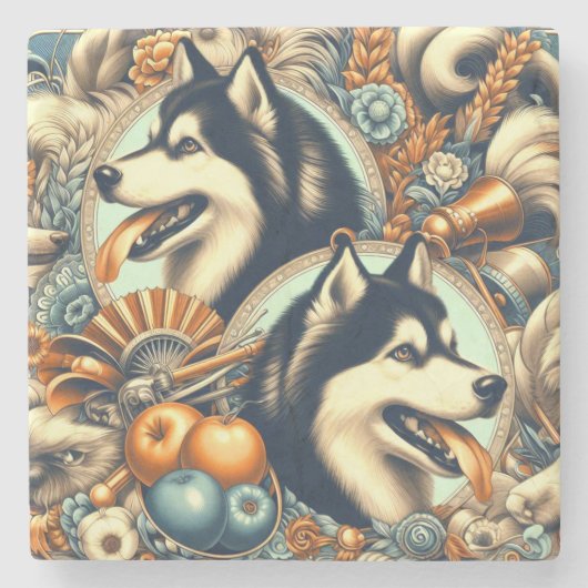 Retro Siberian Husky Illustration Steinuntersetzer (Vorderseite)