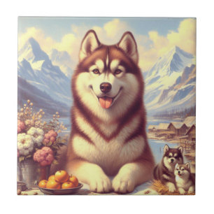 Retro-Sibirischer-Husky-Malerei Fliese